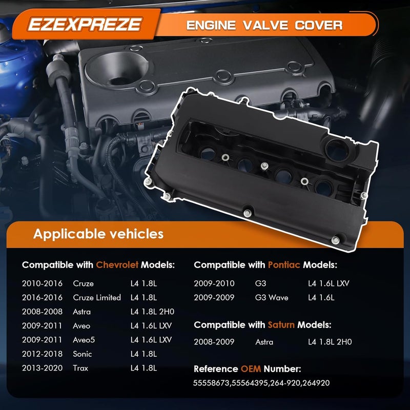 E EZEXPREZE Ezexpreze Engine Valve Cover Kit Compatible with Chevy Cruze 2010-2016, Sonic 2012-2018, Trax 2013-2020, Aveo 2009-2011, Aveo5 2009-2011, L4 1.6L 1.8L, Replace # 55558673 55564395 - Image 2